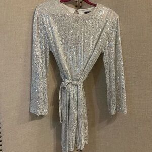 Boutique silver sequin Mini Dress with tie belt
